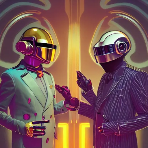 Image similar to daft punk but they're little kids, mucha, mayhem, illustration, by James Jean, artgerm, octane render, by John Coltrane and Marc Simonetti, Manic, inspired by Greg rutkowski, colorful, studio lighting, high detail of the face, full body