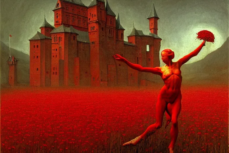 Image similar to only with red, red flowers of different types, a red tiger, a castle in the background, medieval demons dance over the flowers, an ancient path, in the style of beksinski, part by hopper, part by rodcenko, part by hofbauer, intricate composition, red by caravaggio, insanely quality, highly detailed, masterpiece, red light, artstation