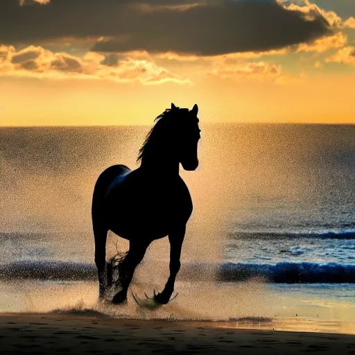 Image similar to a horse running in front of a sea, wievein its mane, on the beach, the sun is blowing up, smoke everywhere