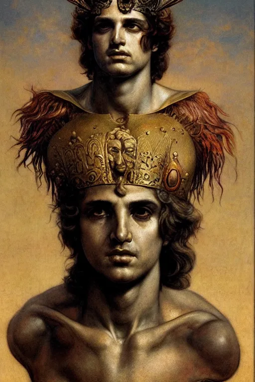 Image similar to an occult art portrait of alexander the great by wayne barlowe, gustav moreau, goward,  Gaston Bussiere and roberto ferri, santiago caruso, and austin osman spare