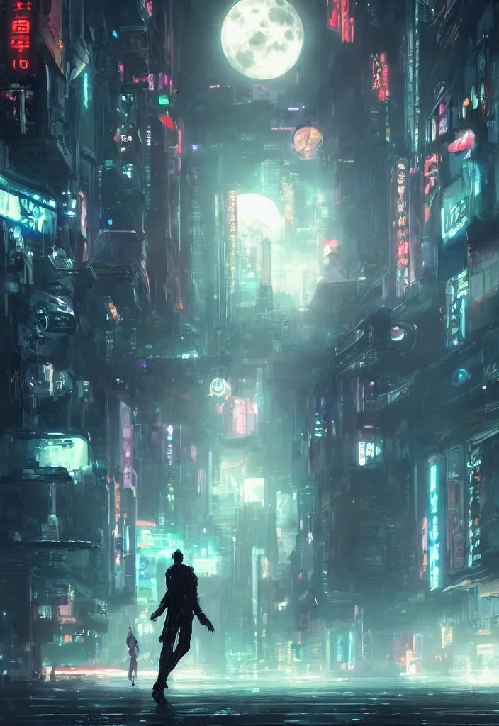 Image similar to an emotional concept painting of a cyberpunk android dancing in the moonlight, neon signs, empty city, large detailed moon, concept painting by Raymond Swanland and Ruan Jia and Greg Rutkowski