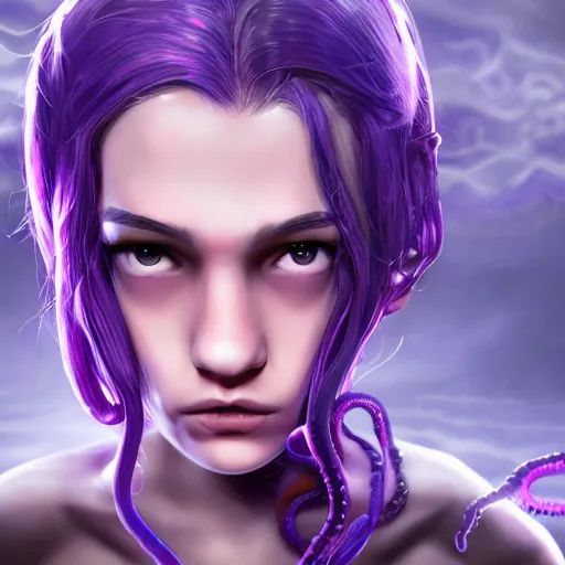 Image similar to artstation young teen with purple eyes and tiny and very thin tentacles on her head, furious, very detailed, portrait, high contrast, unreal engine 5