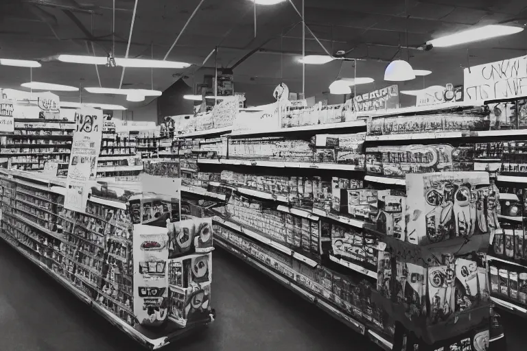 Image similar to After hours at the grocery store, dim lighting, surreal atmosphere, eerie feeling