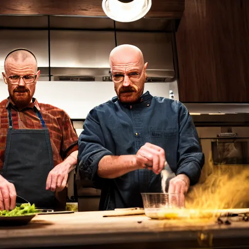 Image similar to walter white and jesse pinkman cooking dinner, high resolution, dslr photo, shot on nikon d 3 2 0 0