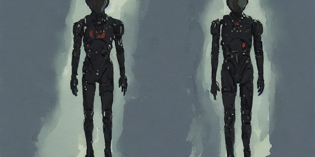 Image similar to male, full body, establishing shot, modern space suit, intriguing helmet, very stylized character design, the expanse tv series, large shoulders, short torso, long thin legs, tiny feet, science fiction, hyperdetailed, technical suit, dieselpunk, watercolor digital painting, in the style of mike mignola, by alex maleev