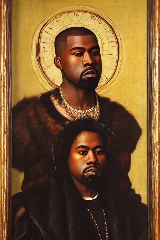 Image similar to renaissance 1 6 0 0 portrait of kanye west, oil painting by jan van eyck, northern renaissance art, oil on canvas, wet - on - wet technique, realistic, expressive emotions, intricate textures, illusionistic detail