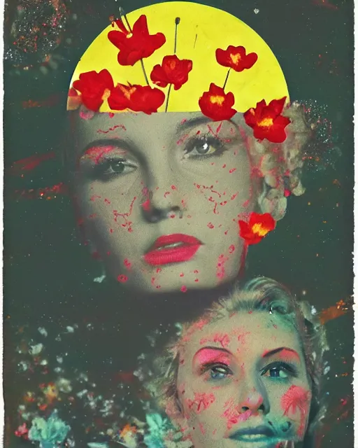 Prompt: nuclear explosion, different women's faces, cut and paste collage, mutated flowers, soft glow, 1 9 5 0 s, hypnotized, gritty texture, radioactive, serene emotions