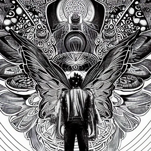 Image similar to A centered chest up portrait of a psychedelic godlike mothman with giant mandala wings smoking a hand-rolled cigarette smoking heavily , magic mushroom village in background , award winning. superb resolution. in the art style of junji Ito and greg rutkowski . Detailed Mushroom city in background. Hyper realistic anime. Perfect art. Dalle2