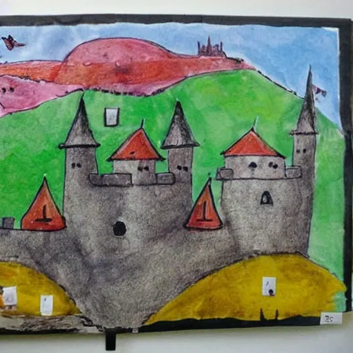 Prompt: children's art of a castle landscape, detailed