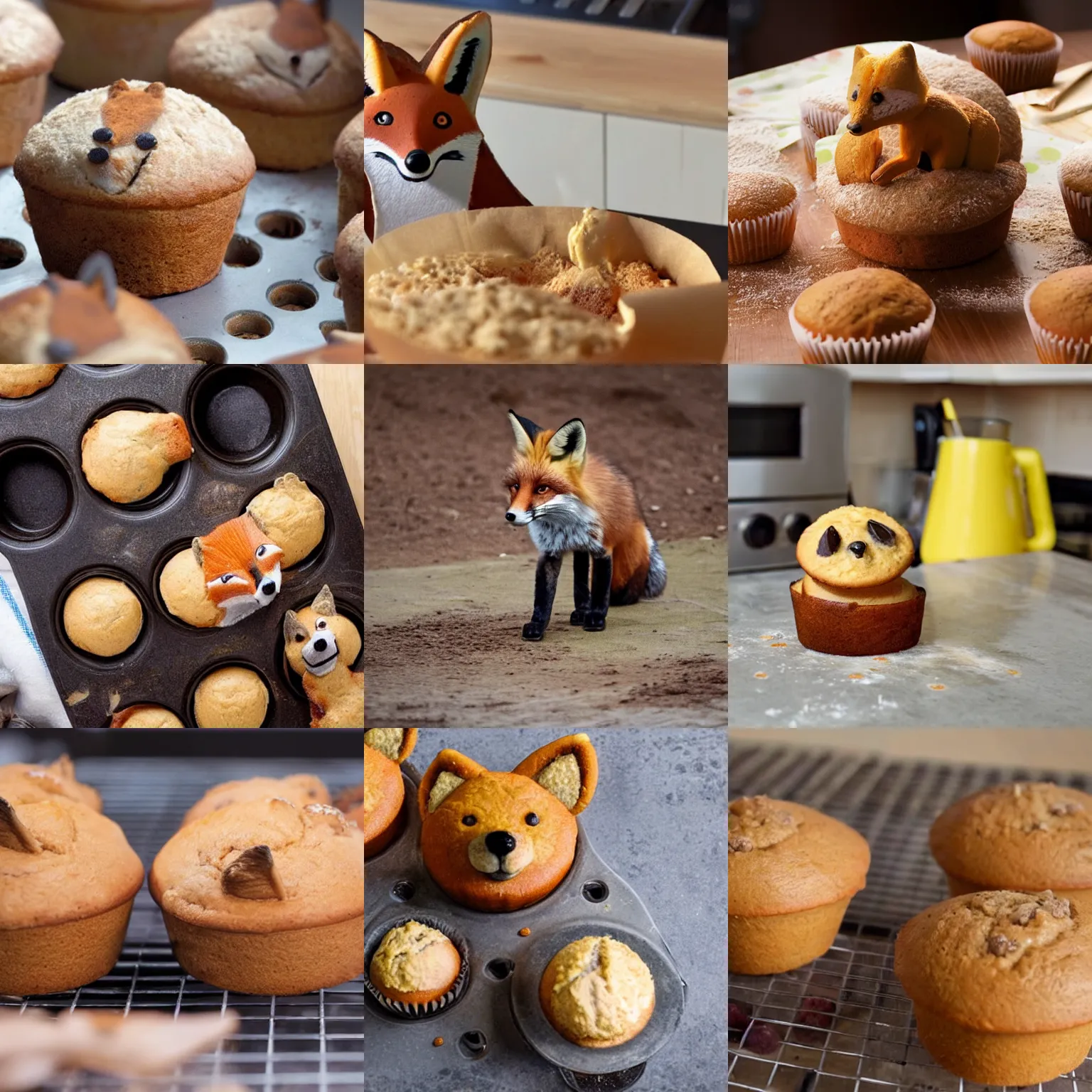 Prompt: a fox baking muffins