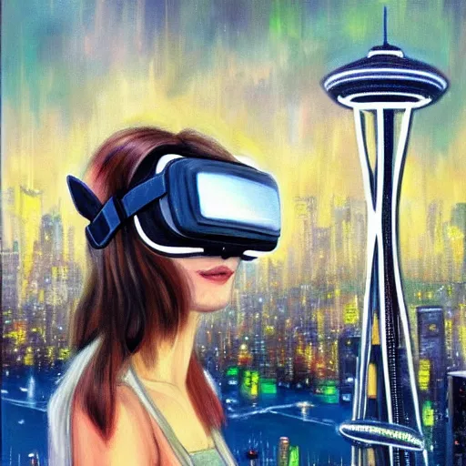 Image similar to a painting of a cat wearing virtual reality headset with seattle skyline in the background, cyberpunk art by hikari shimoda, trending on artstation, panfuturism, dystopian art, circuitry, sci - fi