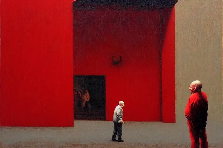 Image similar to only with red, a red old man try to sell a portrait, cheering crowd, in a old city square, in the style of beksinski, parts by edward hopper, parts by rodcenko, parts by yue minjun, intricate and epic composition, red by caravaggio, insanely quality, highly detailed, masterpiece, red light, artstation, 4 k