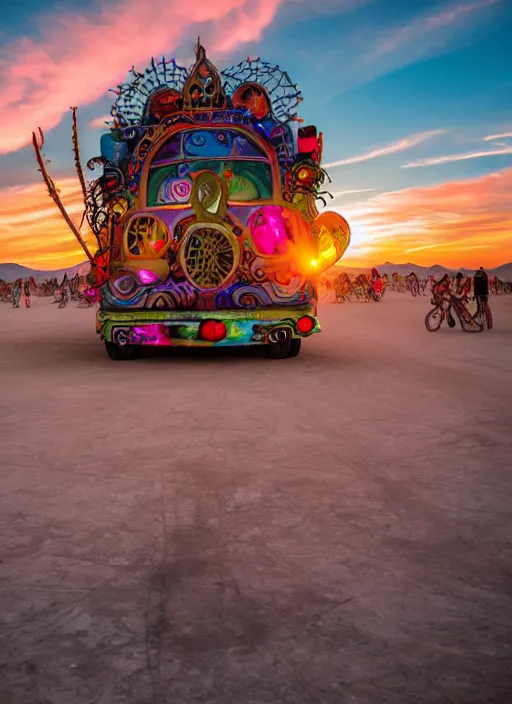 Prompt: burning man art car, sunset, 4 k