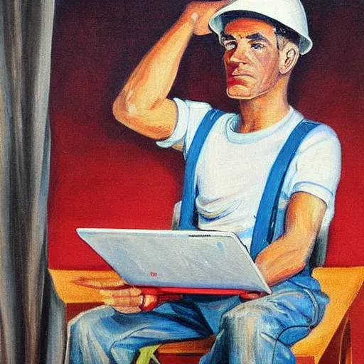 Image similar to 1 9 6 0's detailed intricate social realism painting of worker with laptop, heroic