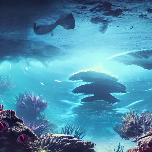 Image similar to vanishing perspective underwater view of the alien landscape underwater on the ocean bed, deep blue ocean color, some plant life, alien fish swimming on the background, cinematic perspective, cinematic lighting, matte painting, detailed, sci - fi, hdr, 4 k, artstation