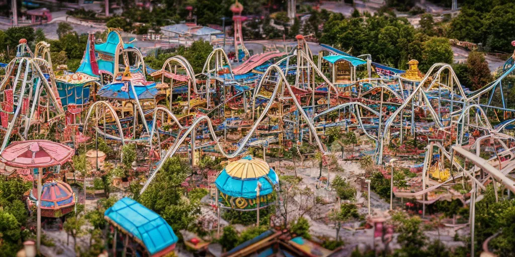 Image similar to Aerial Photo of nostalgic abandoned amusement park, photo realistic, isometric, tilt shift, bokeh, award winning, trending, 8k, HD