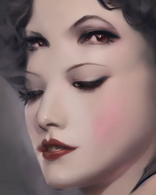 Prompt: artgerm and wlop realist close portrait digital painting of a 1 9 2 0 s beautiful woman at a party in a mansion, strong contrast, unreal engine, hyper realism, realistic shading, cinematic composition, realistic render, octane render, detailed textures, photorealistic, ultrawide shot, 3 5 mm film