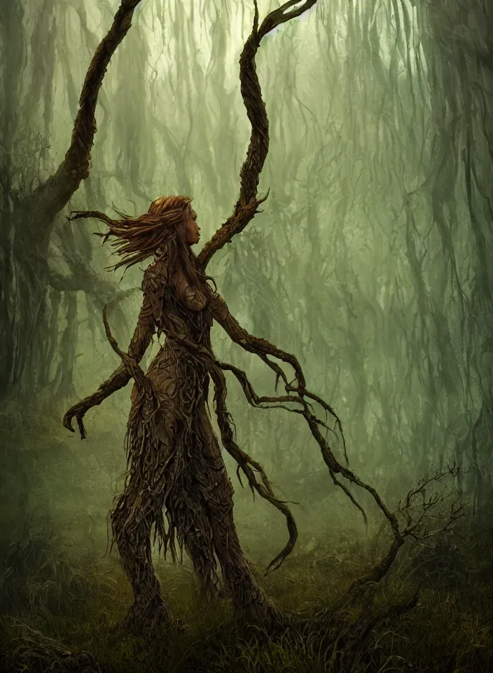 Prompt: a portrait of a dryad ent guarding the marshy swamps from skyrim, fantasy setting, cold environment, serene colors, soft lighting, atmospheric, cinematic, moody, in the style of diego koi, gina heyer, luiz escanuela, art by alyssa monk, hyperrealism, rule of thirds, golden ratio, oil on canvas, 8 k