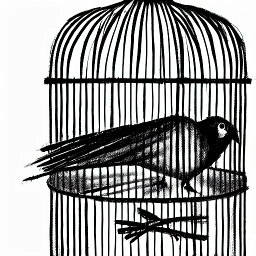 Image similar to a rough charcoal sketch of a bird inside a cage, black and white, 3 5 mm, long exposure