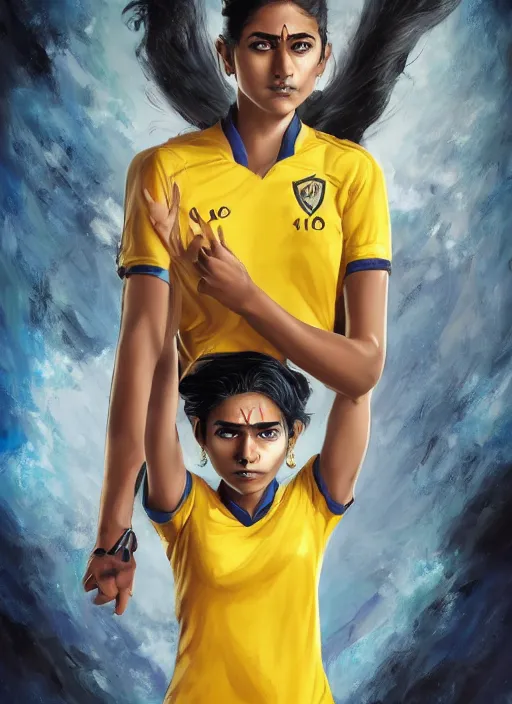 Prompt: An epic fantasy comic book style portrait painting of a very very beautiful young Indian woman, very expressive, dark piercing eyes, tomboy, mischievous, smirk, round face, very dark Nilotic tan skin, futuristic short black hair style, wearing a blue and yellow soccer uniform, arms crossed, unreal 5, DAZ, hyperrealistic, octane render, cosplay, RPG portrait, dynamic lighting