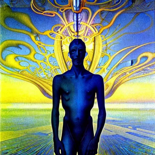 Image similar to realistic extremely detailed portrait painting of a glowing male silhouette, futuristic sci-fi landscape on background by Jean Delville, Amano, Yves Tanguy, Alphonse Mucha, Ernst Haeckel, Edward Robert Hughes, Roger Dean, rich moody colours, blue eyes