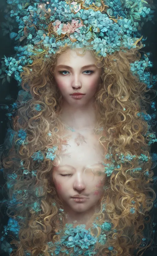 Image similar to breathtaking detailed concept art painting portrait of the hugs goddess of light blue flowers, blonde curly hair, ornate background, amalgamation of leaves and flowers, by hsiao - ron cheng, extremely moody lighting, 8 k