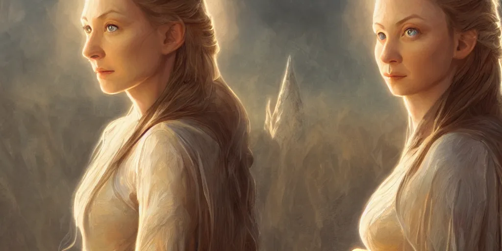 Prompt: Galadriel portrait, golden hour, rim lighting, detailed matte painting, cinematic, Alan Lee, Artstation