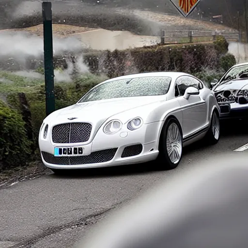 Prompt: white Bentley Continental Gt Exploding! Exploding! Explosion!