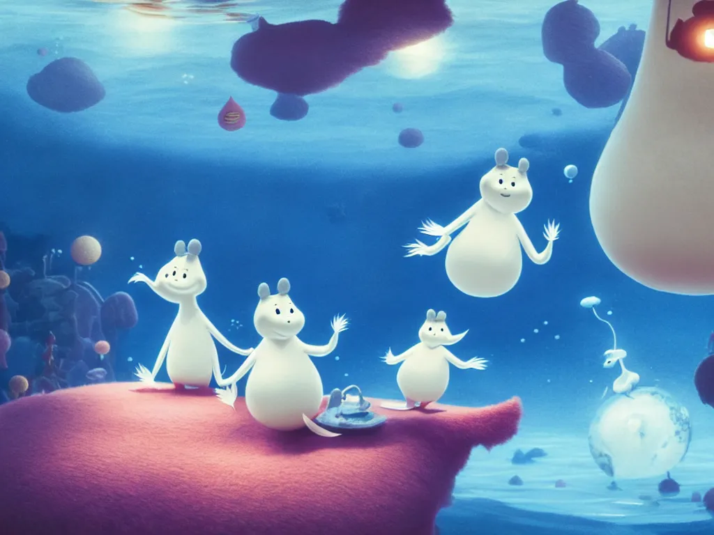 Prompt: underwater moomins discovering the water planet, photorealistic painting, cgi, low volumetric light, movie still, very cute and cozy and fluffy and sweet