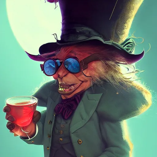 Image similar to the mad hatter, wearing shades, drinking tea, by Viktor Antonov,, greg rutkowski, fantasy, D&D, trending on artstation, smooth, sharp focus