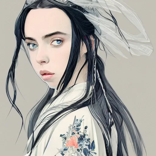 Image similar to fashion model Billie eilish wearing wedding dress art by Hokusai by greg rutkowski by wlop high detail comic sharp vector lineart dramtic lighting artstation by trevor henderson by rossd raws cinematic dramatic