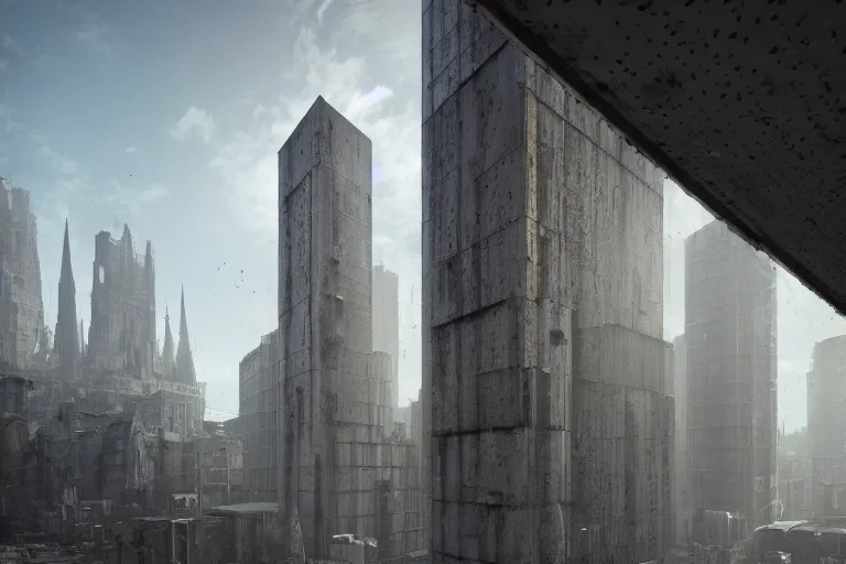 Image similar to streetscape, a towering cathedral of brutalist architecture, buildings covered with greebles, stunning volumetric light, sunset, metal, concrete and translucent material, stunning skies, majestic landscape, trending on Artstation, 8k, photorealistic, hyper detailed, unreal engine 5, IMAX quality, cinematic, epic lighting, in the style of Greg Rutkowski