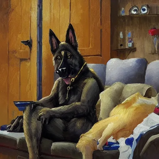 Image similar to a humanoid german shepherd beast - man, sitting and watching a soccer match in his house on television, he has hurt his knee and is a dad, by erin hanson, alexi zaitsev, karl spitzweg, award winning, tv set