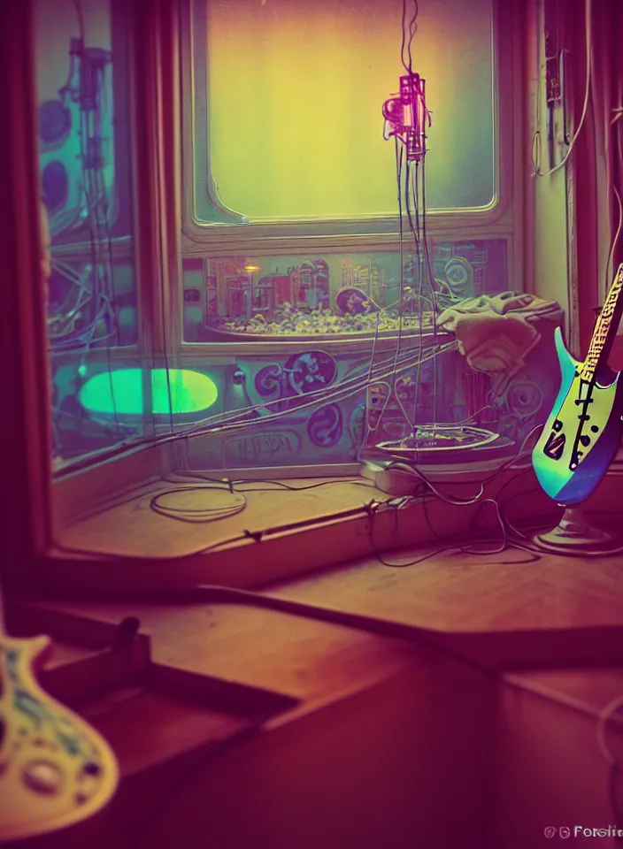 Prompt: telephoto 7 0 mm f / 2. 8 iso 2 0 0 photograph depicting the feeling of chrysalism in a cosy safe cluttered french sci - fi art nouveau cyberpunk apartment in a pastel dreamstate art cinema style. ( electric guitar ) ( ( fish tank ) ), ambient light.