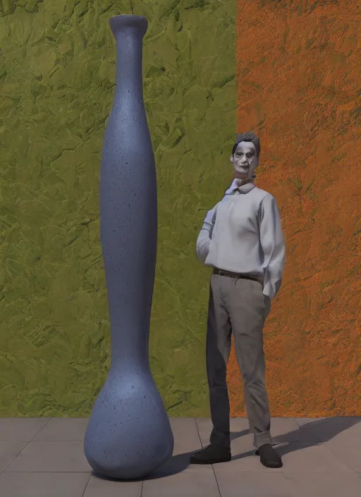 Image similar to a sculpture of a man standing next to a tall vase, a raytraced image by Hikari Shimoda, polycount, video art, vray tracing, ray tracing, rendered in unreal engine