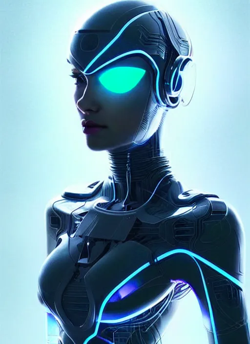 Image similar to portrait of female humanoid, intricate, very futuristic suit, elegant, cyber neon lights, highly detailed, digital photography, trending in artstation, trending in pinterest, glamor pose, concept art, smooth, sharp focus, art by artgerm and greg rutkowski