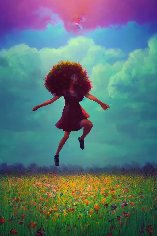 Image similar to closeup, giant flower head, girl in suit jumping in field of flowers, surreal photography, sunrise, blue sky, dramatic light, impressionist painting, digital painting, artstation, simon stalenhag