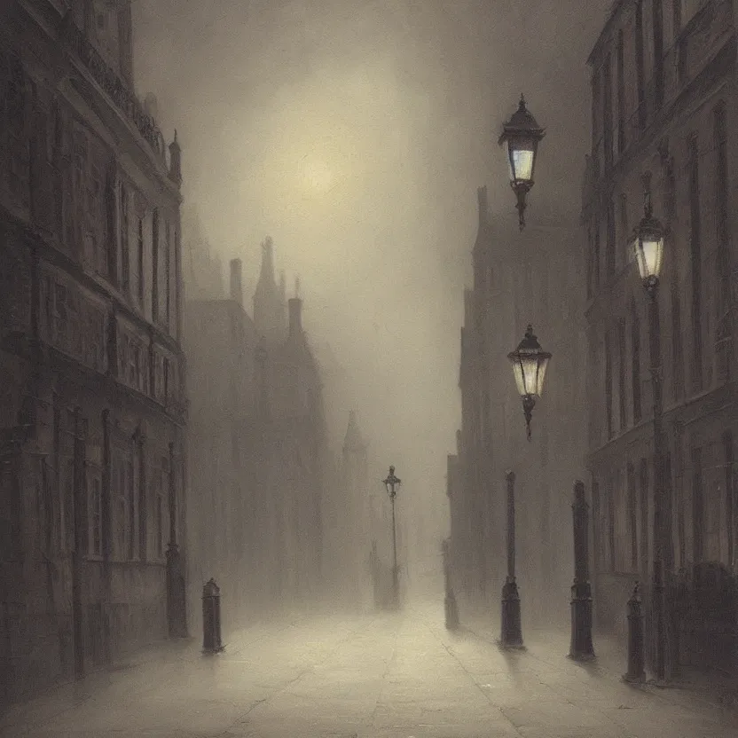 Prompt: beautiful painting of old London street scene spooky dark fog , Carl Gustav Carus