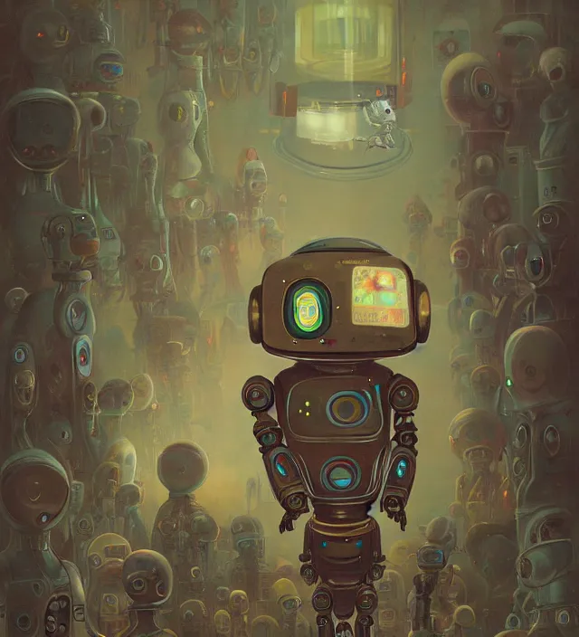 Image similar to anthropomorphic robot working endlessly as a salve inside a hell digital world, being observed by an infinite amount of human beings, vintage soft grainy, in the style of Oscar chichoni and Peter mohrbacher and Dawid planet