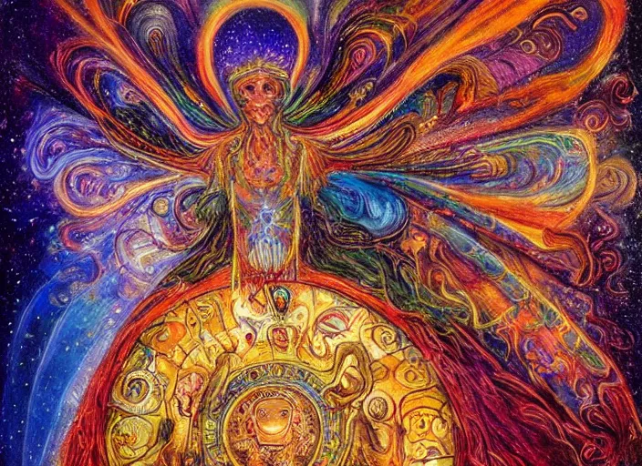 Prompt: A shaman holding up the universe, by Josephine Wall, reflection, symbolist, soft colors, dramatic lighting, smooth, sharp focus, extremely detailed, aesthetically pleasing composition