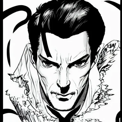 Prompt: pen and ink!!!! attractive 22 year old Dr. Strange Gantz marvel monochrome!!!! Frank Zappa x Ryan Gosling comic book Vagabond!!!! floating magic swordsman!!!! glides through a beautiful!!!!!!! battlefield magic the gathering dramatic esoteric!!!!!! pen and ink!!!!! illustrated in high detail!!!!!!!! graphic novel!!!!!!!!! by Hiroya Oku!!!!!!!!! and Frank Miller!!!!!!!!! MTG!!! award winning!!!! full closeup portrait!!!!! action manga panel
