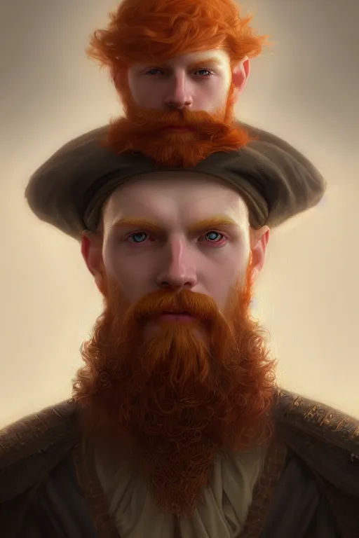 Prompt: a portrait of a ginger male wizard, illustration, soft lighting, soft details, dark mood, painting oil on canvas by Edmund Blair Leighton and Charlie Bowater octane render trending on artstation d&d characters, 4k, 8k, HD