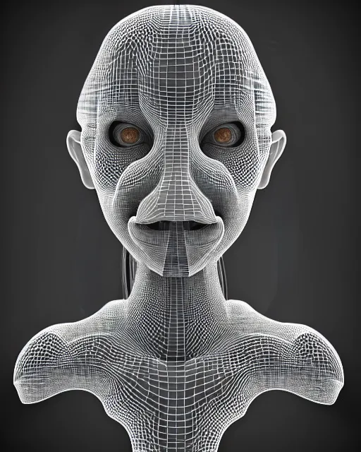 Image similar to a black and white 3D render of a young beautiful female angelic-dragon-cyborg bust with a very long neck, 150 mm lens, Mandelbrot fractal, anatomical, flesh, facial muscles, veins, arteries, full frame, microscopic, elegant, highly detailed, flesh ornate, orchids, cable wires, elegant, high fashion, rim light, octane render, in the style of H.R. Giger and Man Ray, Realistic, Refined, Digital Art, Highly Detailed, Cinematic Lighting, rim light, black and white, photo-realistic, 8K