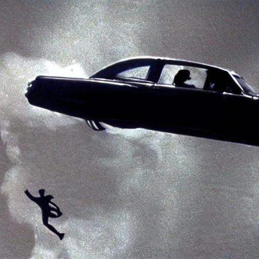 Image similar to man chased by a flying car, movie still of James bond