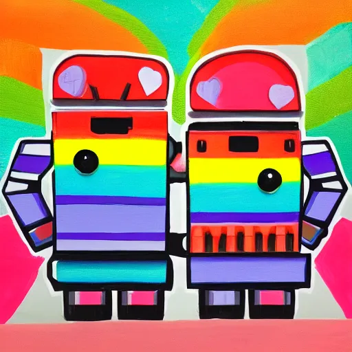 Prompt: Just two rainbow robots in love