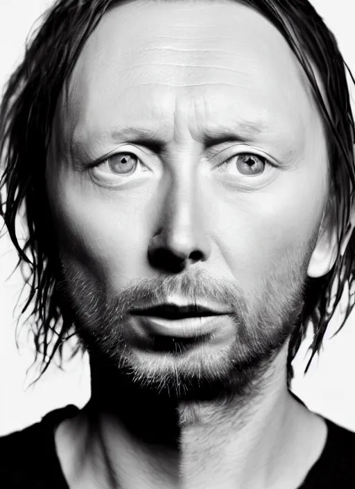 Image similar to a portrait of thom yorke from radiohead in kiss style makeup, realistic, photograph, high definition, 4 k, soft lighting