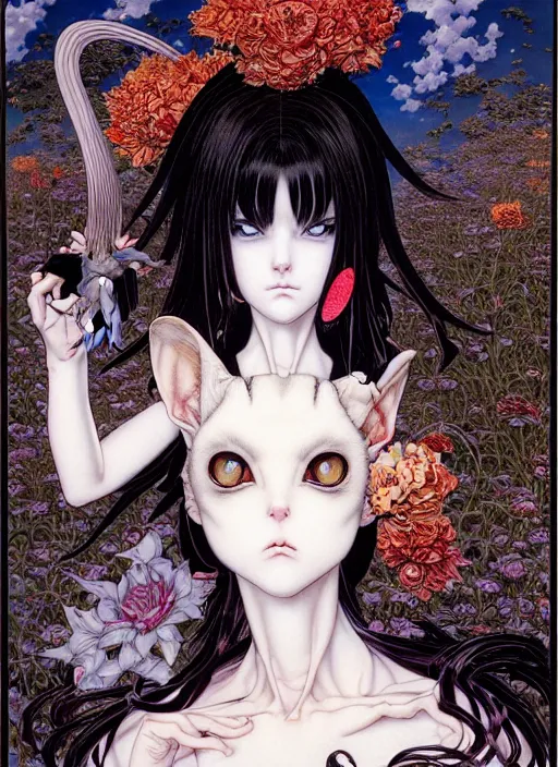 Prompt: realistic detailed image of a cat girl with black and white hair holding a mouse, anime art, anime key visual by Ayami Kojima, Amano, Karol Bak, Greg Hildebrandt, and Mark Brooks, Neo-Gothic, gothic, rich deep colors. art by Takato Yamamoto. masterpiece. Beksinski painting. still from 1993 movie by Terrence Malick and Gaspar Noe