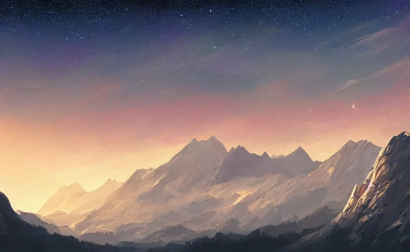 Prompt: mountains, stars and paisley filled sky, artstation, complex, highly detailed, digital painting, concept art, sharp focus, illustration