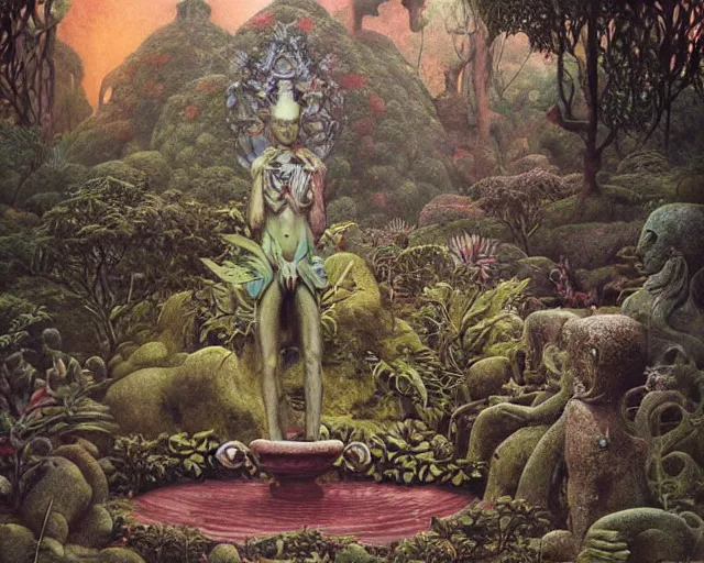 Image similar to strange weird pagan luscious garden with amazing little altars and japanese plants with a gigantic statue fountain of an ancient god stretching its arms above the garden by beksinski, digital art, oil painting, colorful, artstation, australian tonalism escher, minimalist, very clear, no blur, serene