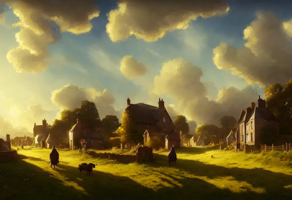 Image similar to a victorian village scene, houses and a field in the background, clear blue sky, cinematic view, epic sky, detailed, concept art, low angle, high detail, warm lighting, volumetric, godrays, vivid, trending on artstation, by jordan grimmer, art greg rutkowski